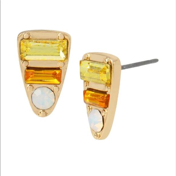 Betsey Johnson Candy Corn Earrings, Gold Tone, Orange, Yellow, White - Picture 4 of 4